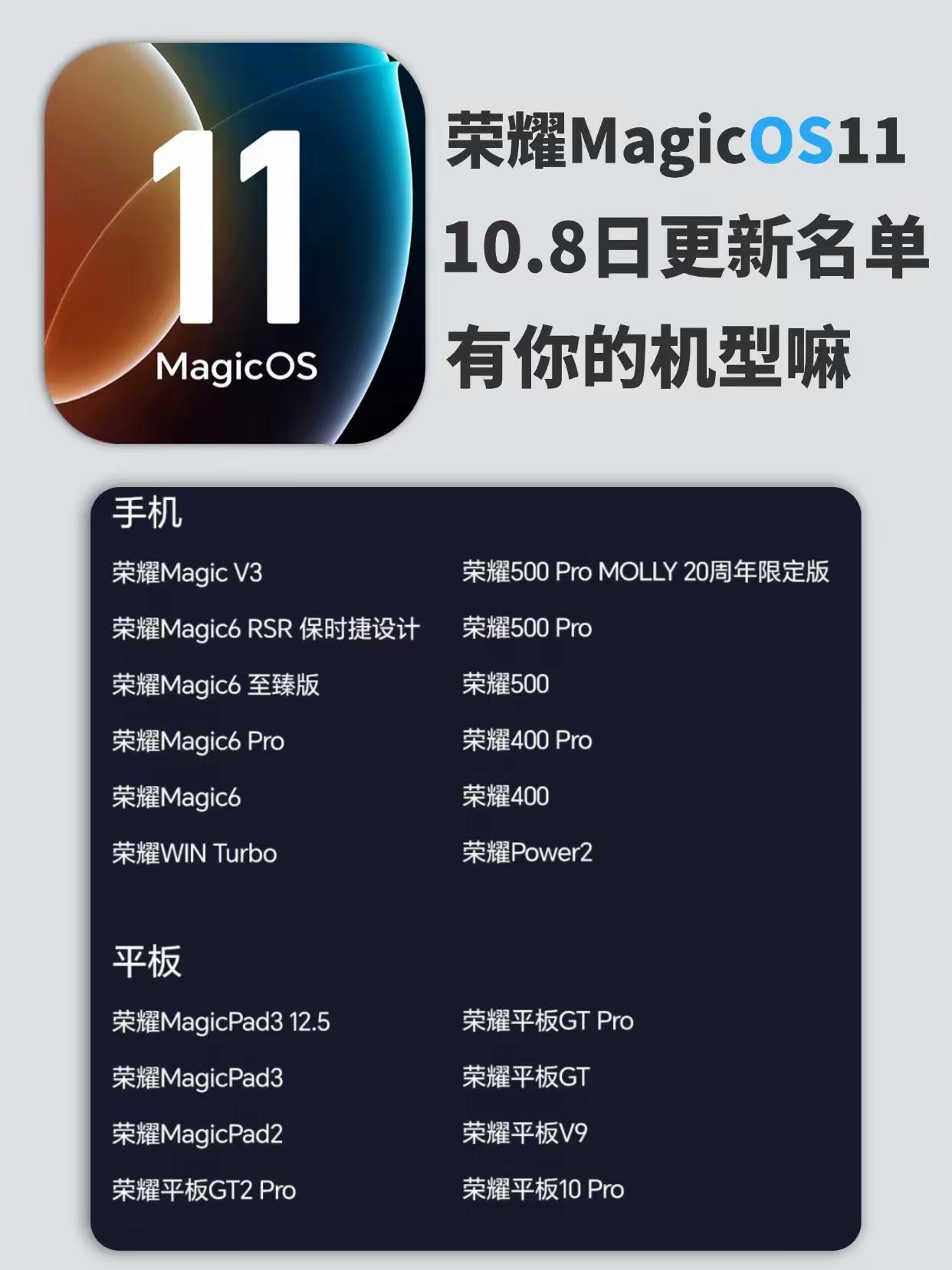 荣耀MagicOS 11第二批上车了！这次更大方，12款老机型，8款平板直接上车