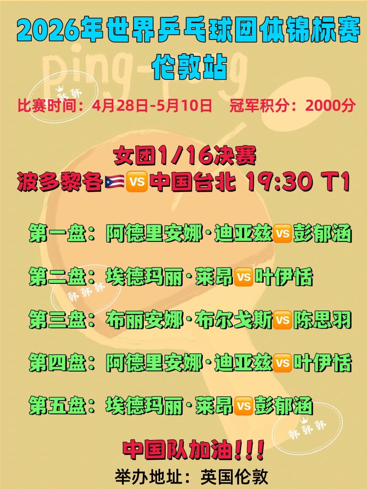 2026年伦敦世乒赛 5月5日上半场19:30所有协会对阵名单