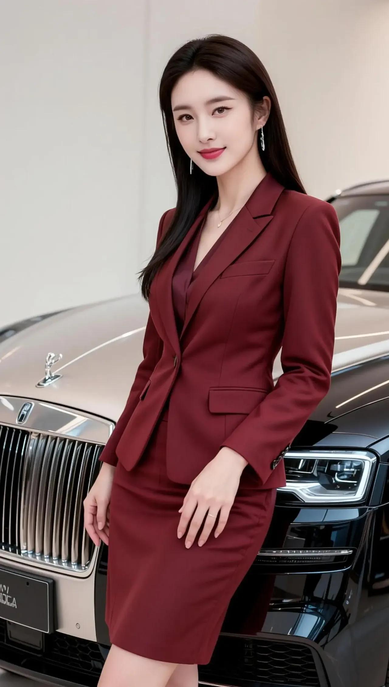 优雅职场风，红裙搭配豪车，尽显女性魅力！