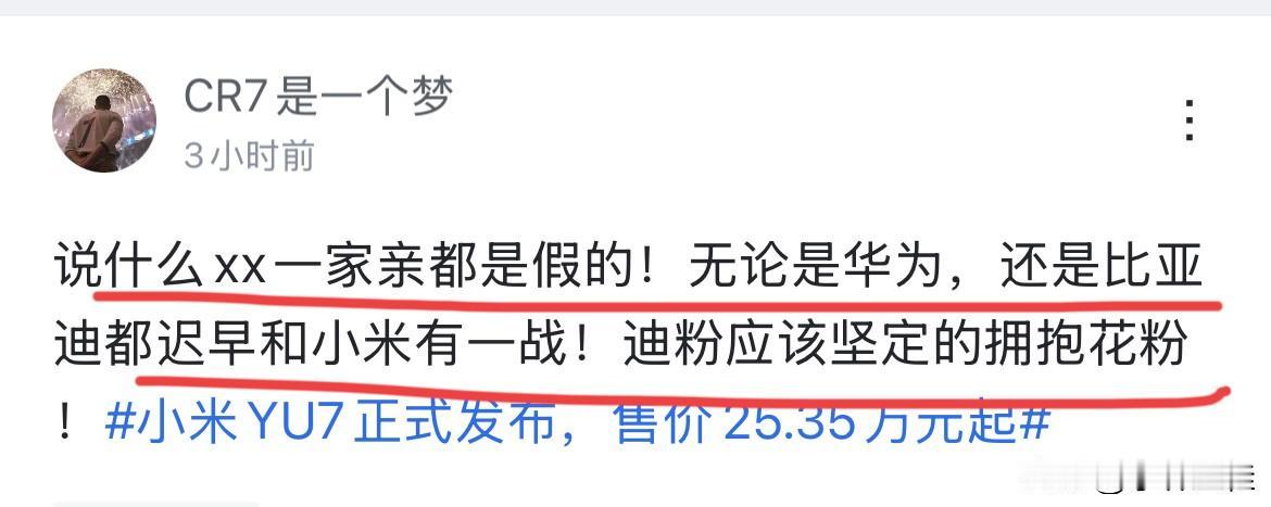 网友：“什么一家亲都是假的，无论是华为、还是比亚迪迟早都和小米有一战！迪粉应该坚