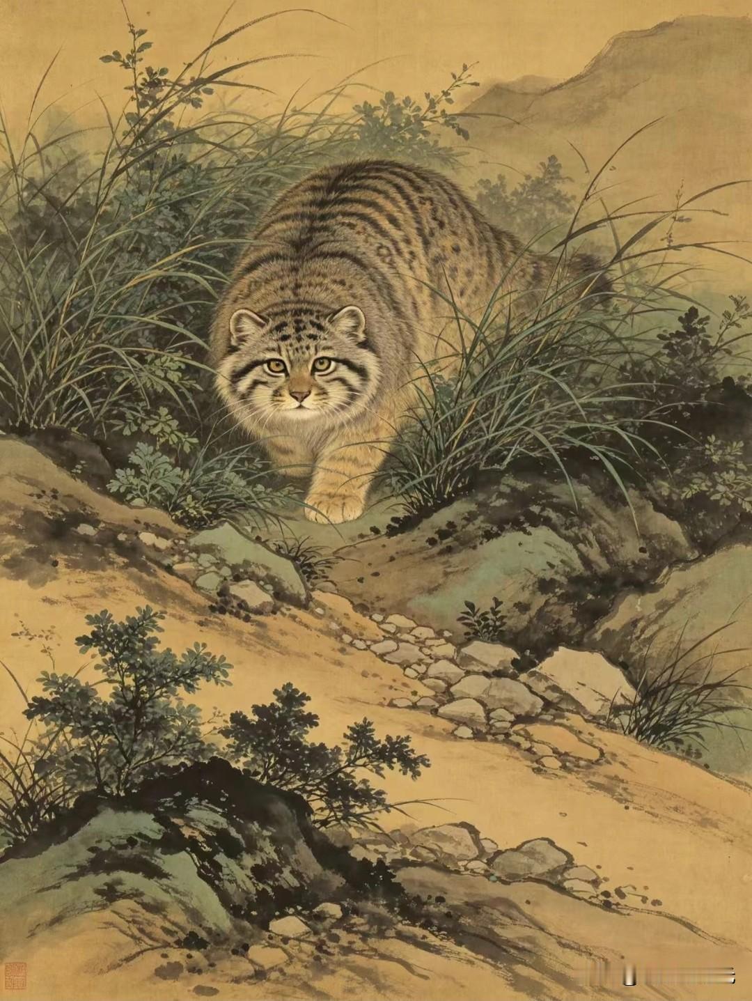 绢本古意，笔墨细腻传神。山野乱石丛生，草木葳蕤，兔狲缓步穿行于丘壑之间。皮毛纹理