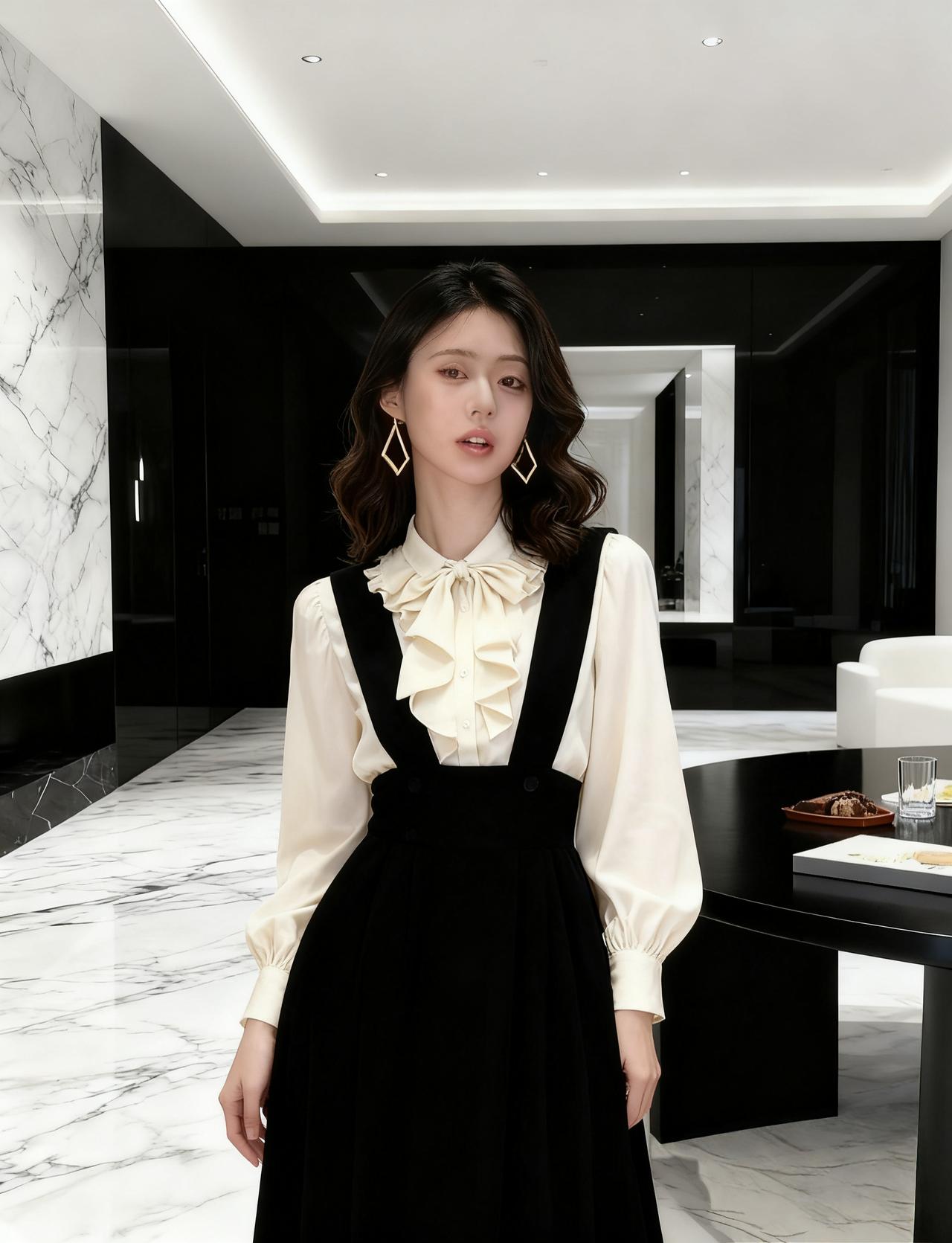 米白色的复古风衬衫，领口处有温柔的蝴蝶结褶皱设计，增添了几分甜美感。
外面叠穿了