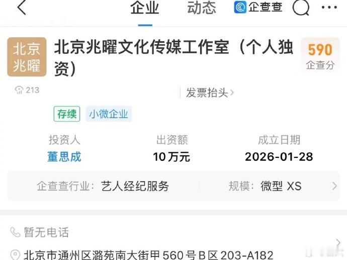 董思成注册个人工作室 董思成注册了新的个人独资工作室。 
