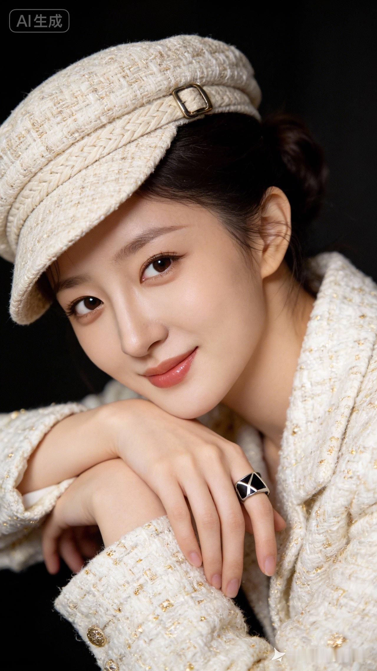 优雅复古风，米色针织帽与毛衣搭配，尽显温柔气质。