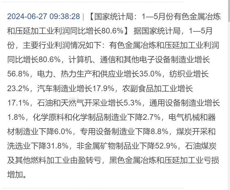 今年1-5月份，计算机、通信和其他电子设备制造业利润增长56.8%，这是科技信创