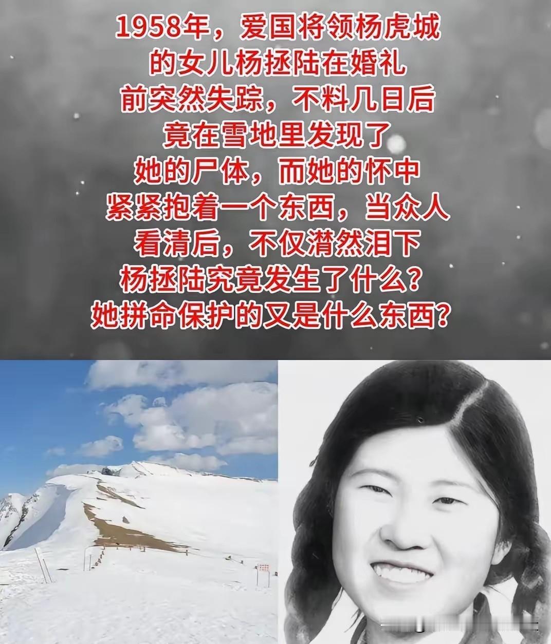 1958年，爱国将领杨虎城的女儿杨拯陆在筹备婚礼期间离奇失踪，几日后，她的尸体出