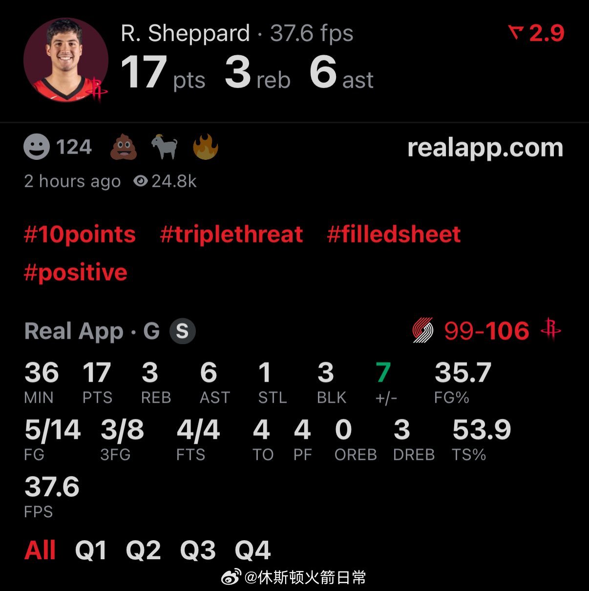 打得不错，虽然被点了几个，然后投丢了几个空位三分，但瑕不掩瑜！继续加油！里德谢泼