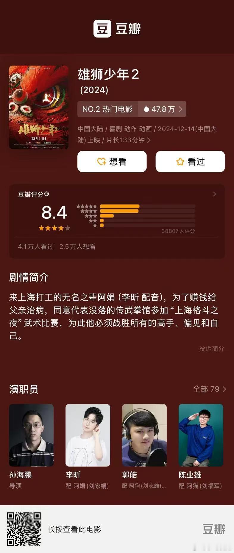 《雄狮少年2》豆瓣评分涨到8.4！ 