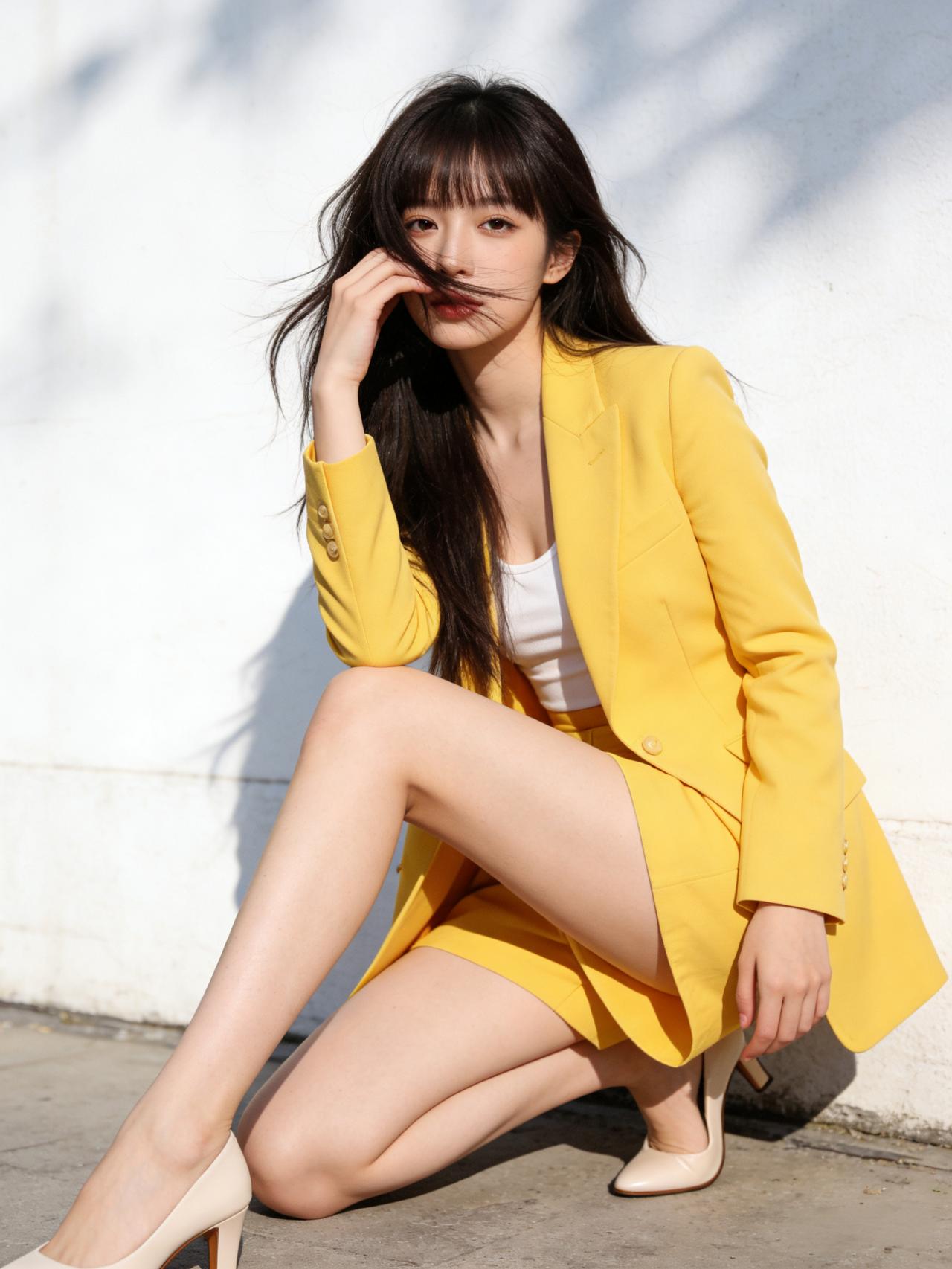 阳光明媚的午后，真是个让人身心放松的时段。那个穿着黄色西装外套的时尚女孩坐在墙边