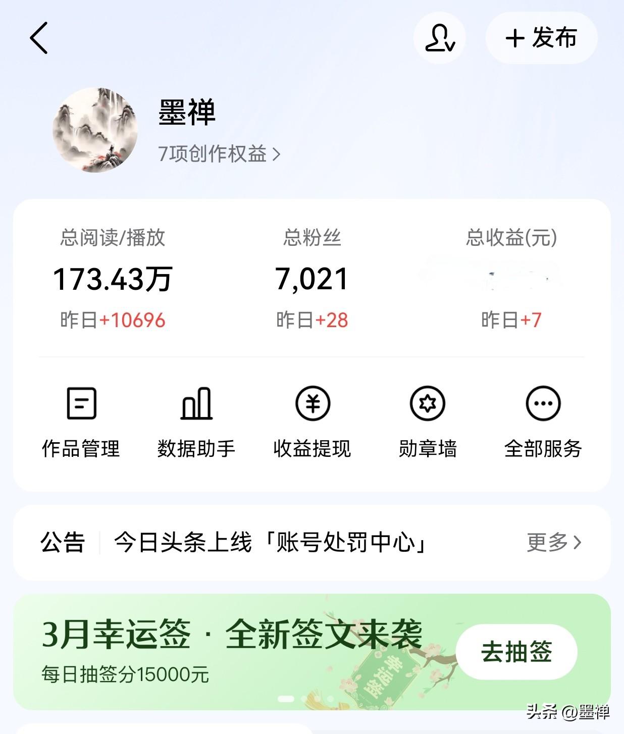 谁懂啊家人们！
在头条写了大半年，
7000粉，173万播放，
昨天1万播放，到