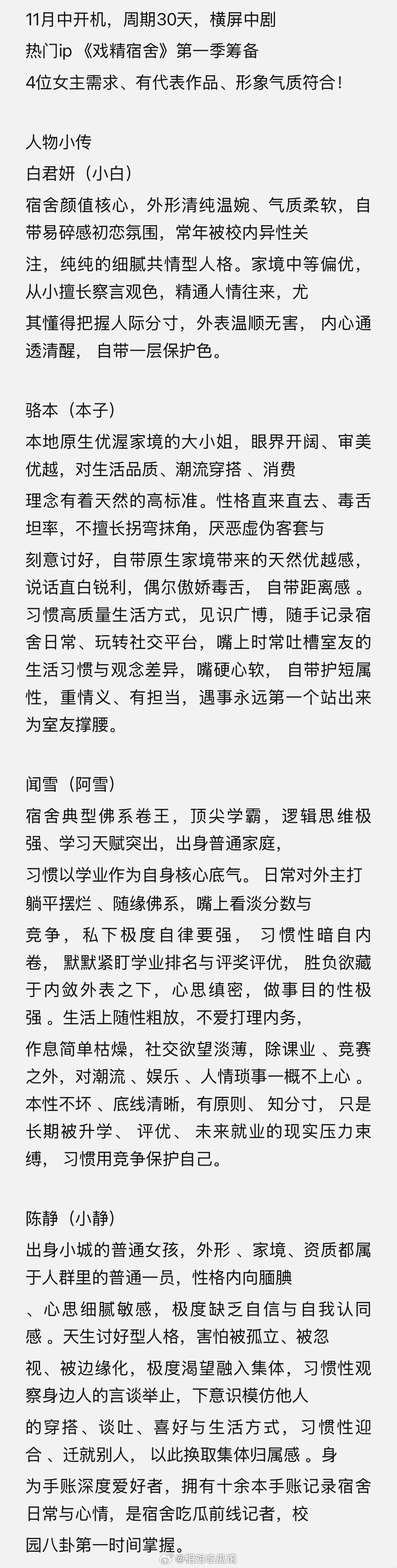 网剧《戏精宿舍》组讯出品：芒果tv、开心麻花开机时间：11月中旬拍摄周期：30天