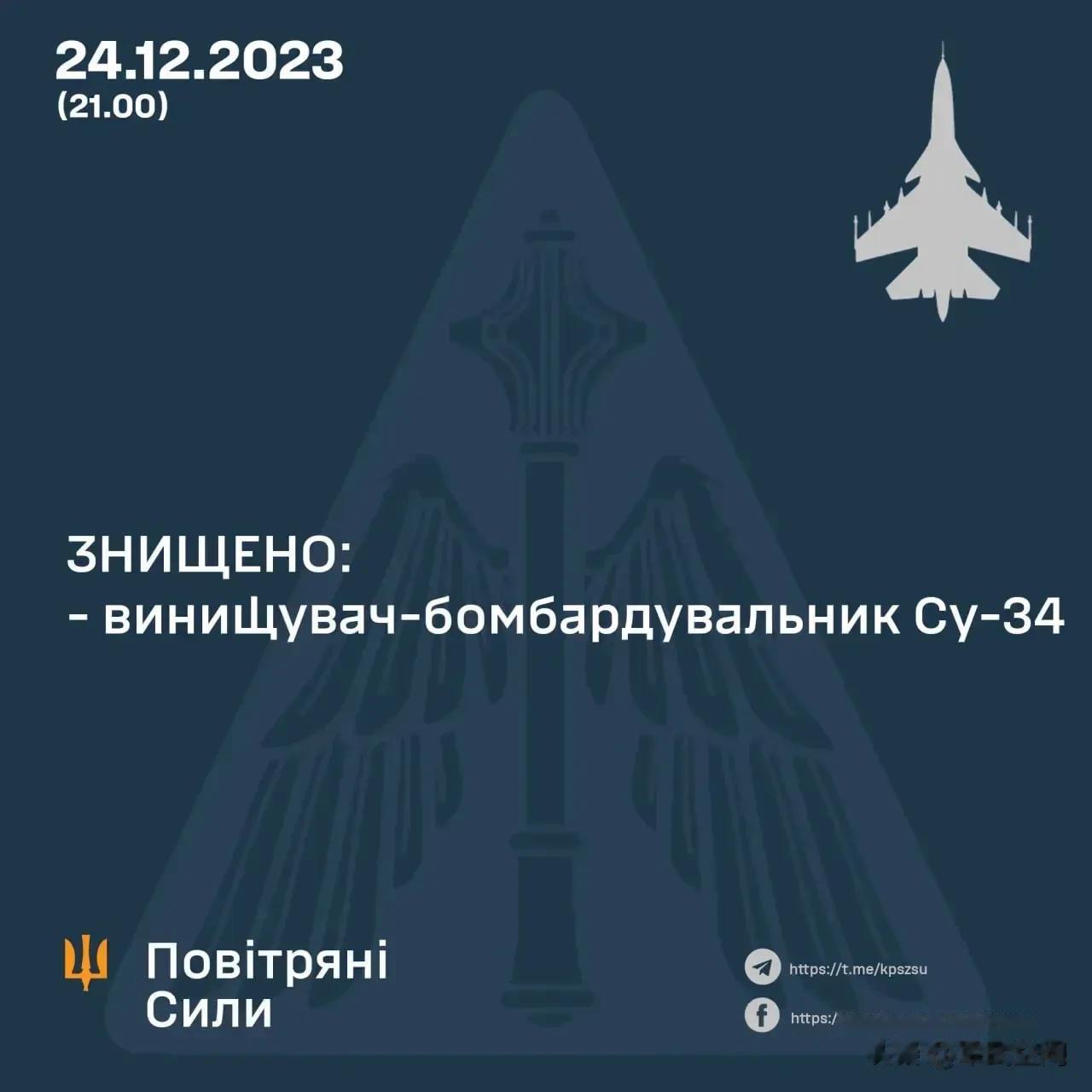 突发！又一架苏-34战斗轰炸机被乌克兰防空导弹击落。
12月24日晚，一架俄罗斯