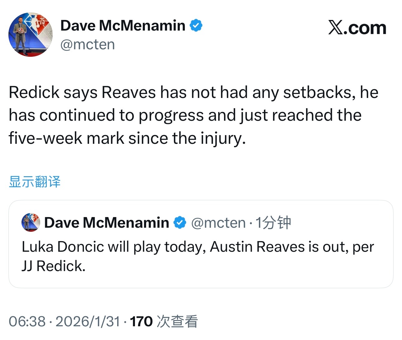 东契奇今天可以出战，里夫斯依然不打，谨慎起见，他的恢复没有波动，状态持续向好，距