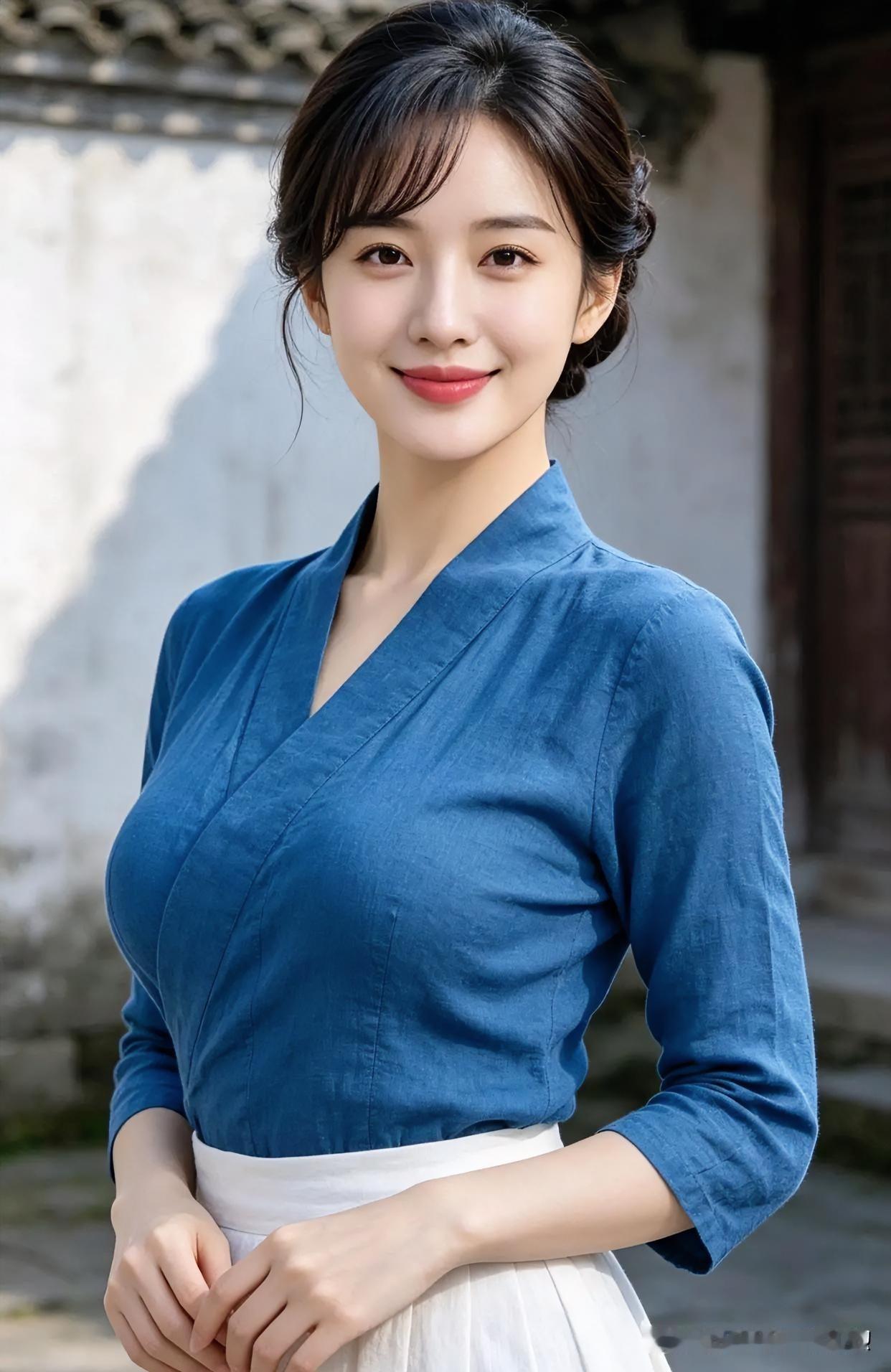 靛蓝交领上衣搭配素白下装，古宅光影间，透着温婉清雅的东方气韵。