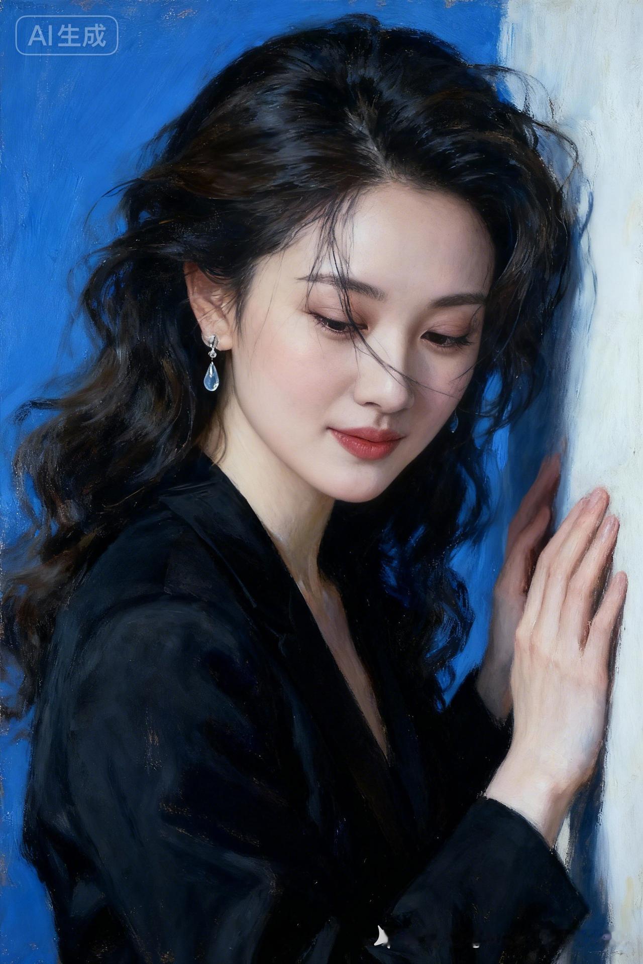 沉静的蓝调背景，温柔的女性侧脸，细腻的笔触，仿佛时间在这一刻静止。