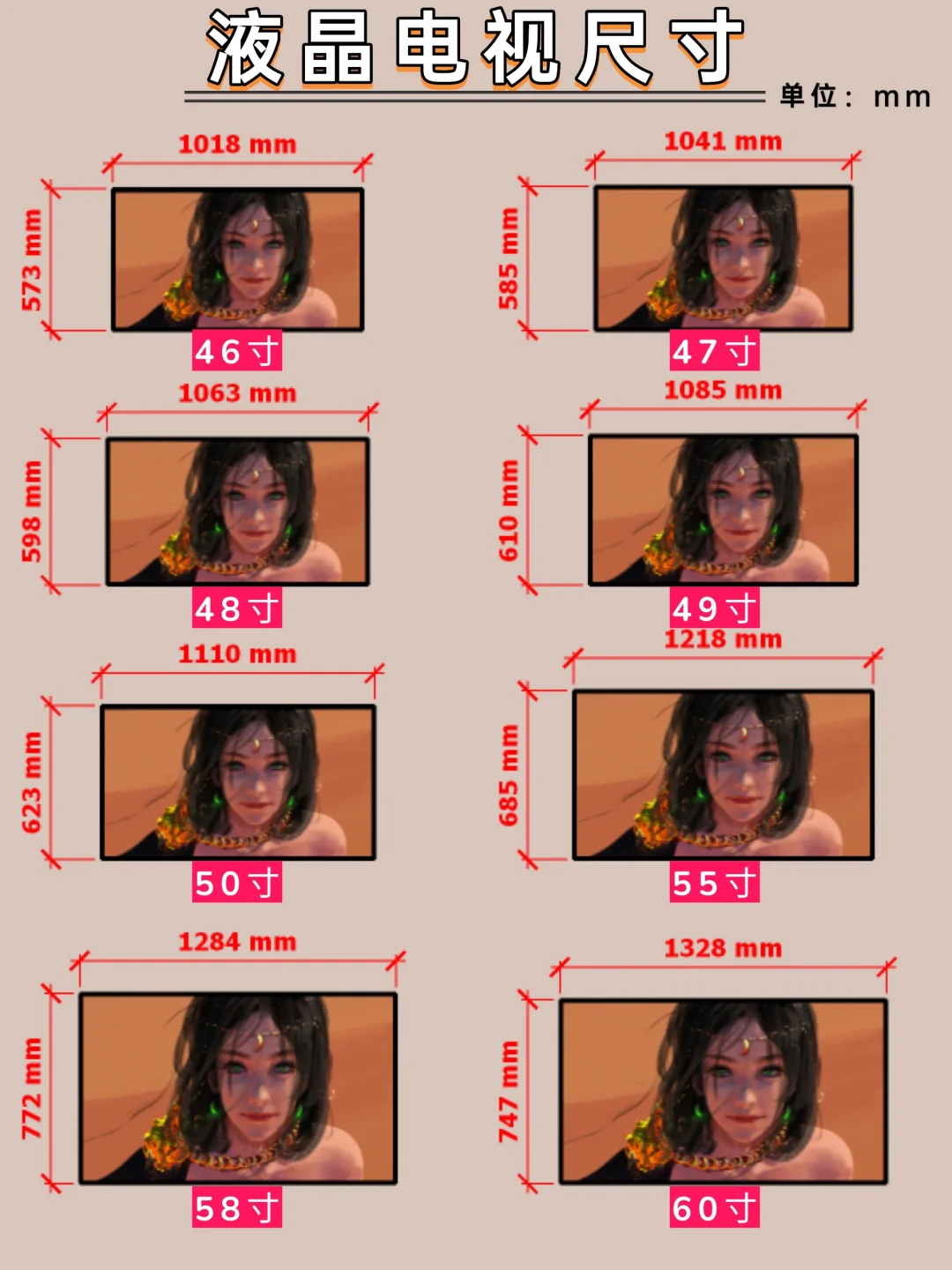常用液晶电视尺寸+安装预留尺寸+观看距离