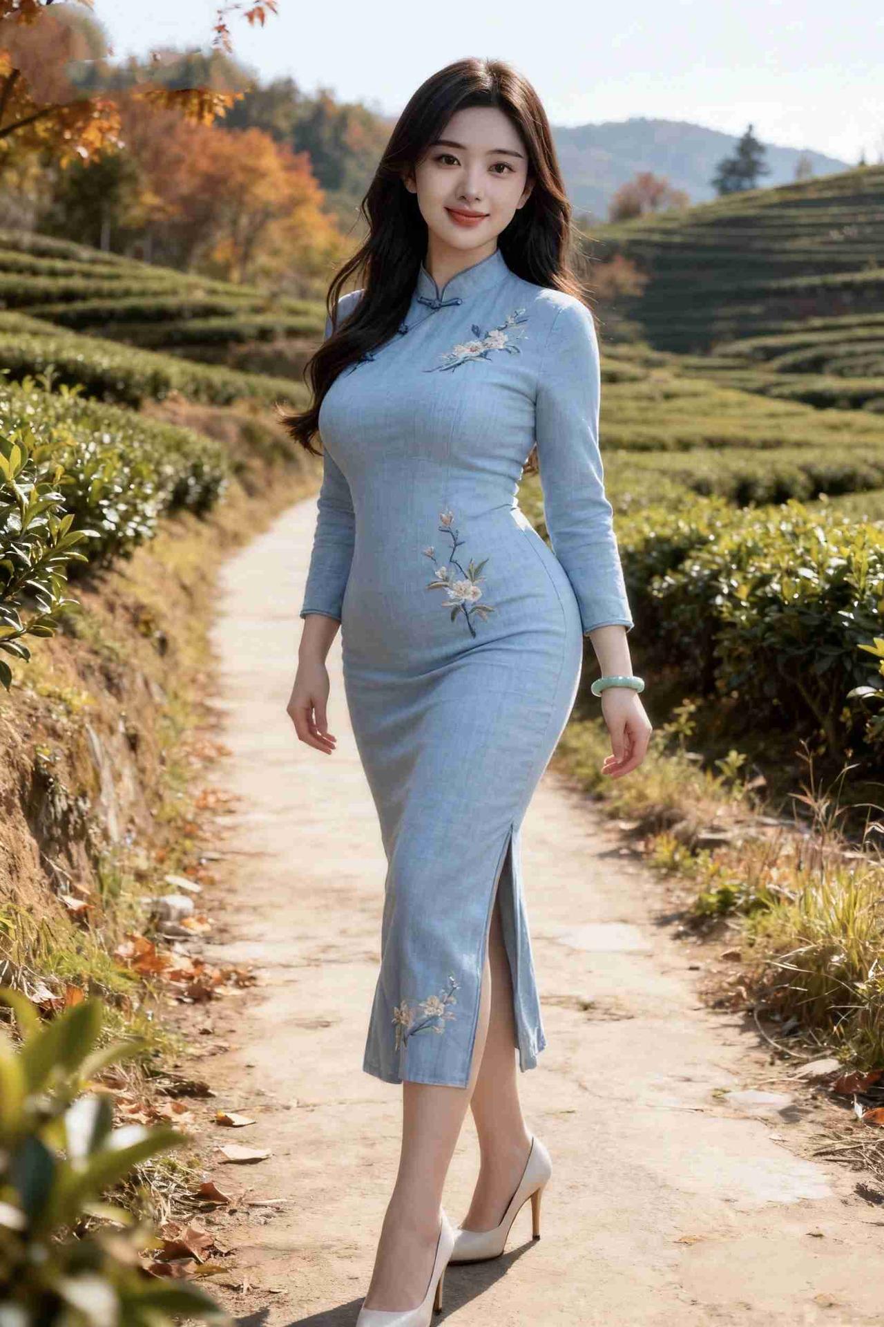 我的今日状态：😁轻松愉快
我这里的天气：🌤️多云
《茶径旗袍》
 
秋光漫过