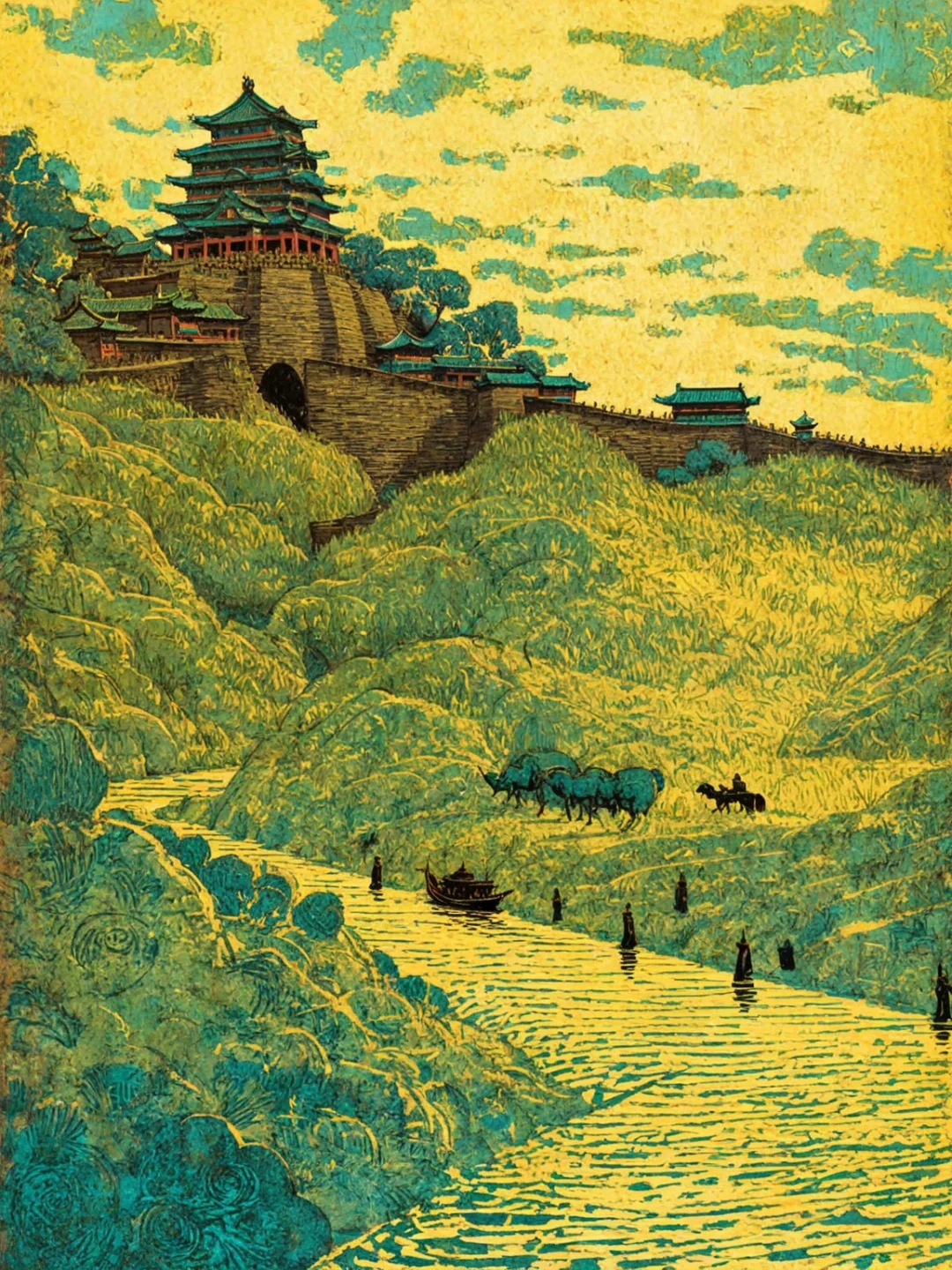 青山绿水版画