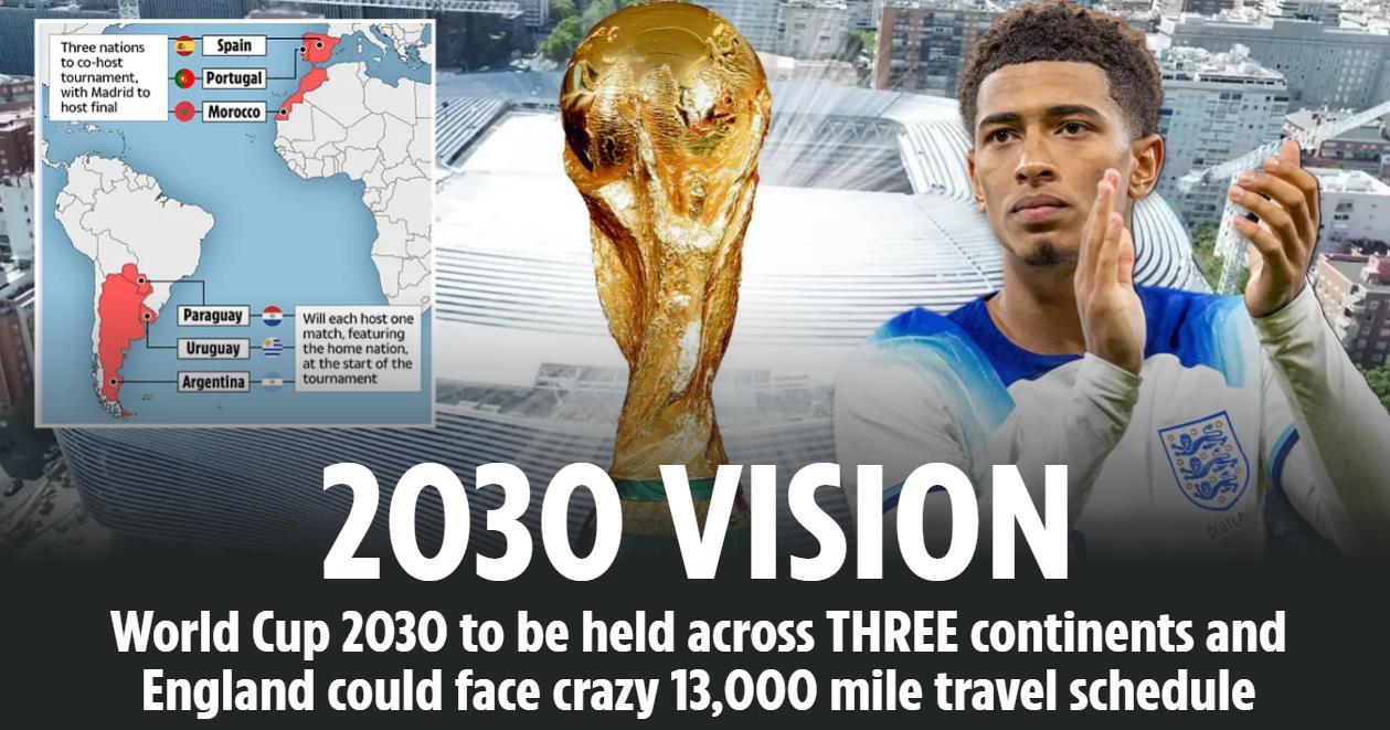 #世界杯#英国媒体太阳报报道，随着国际足联宣布2030世界杯由6个国家主办，英格