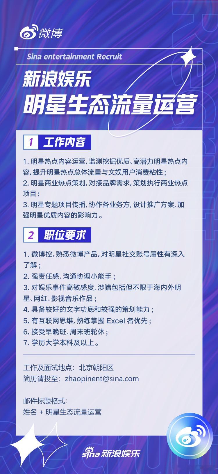 新浪娱乐招聘明星生态流量运营如果你常年冲在吃瓜第一线对海内外明星网红热点都有涉猎