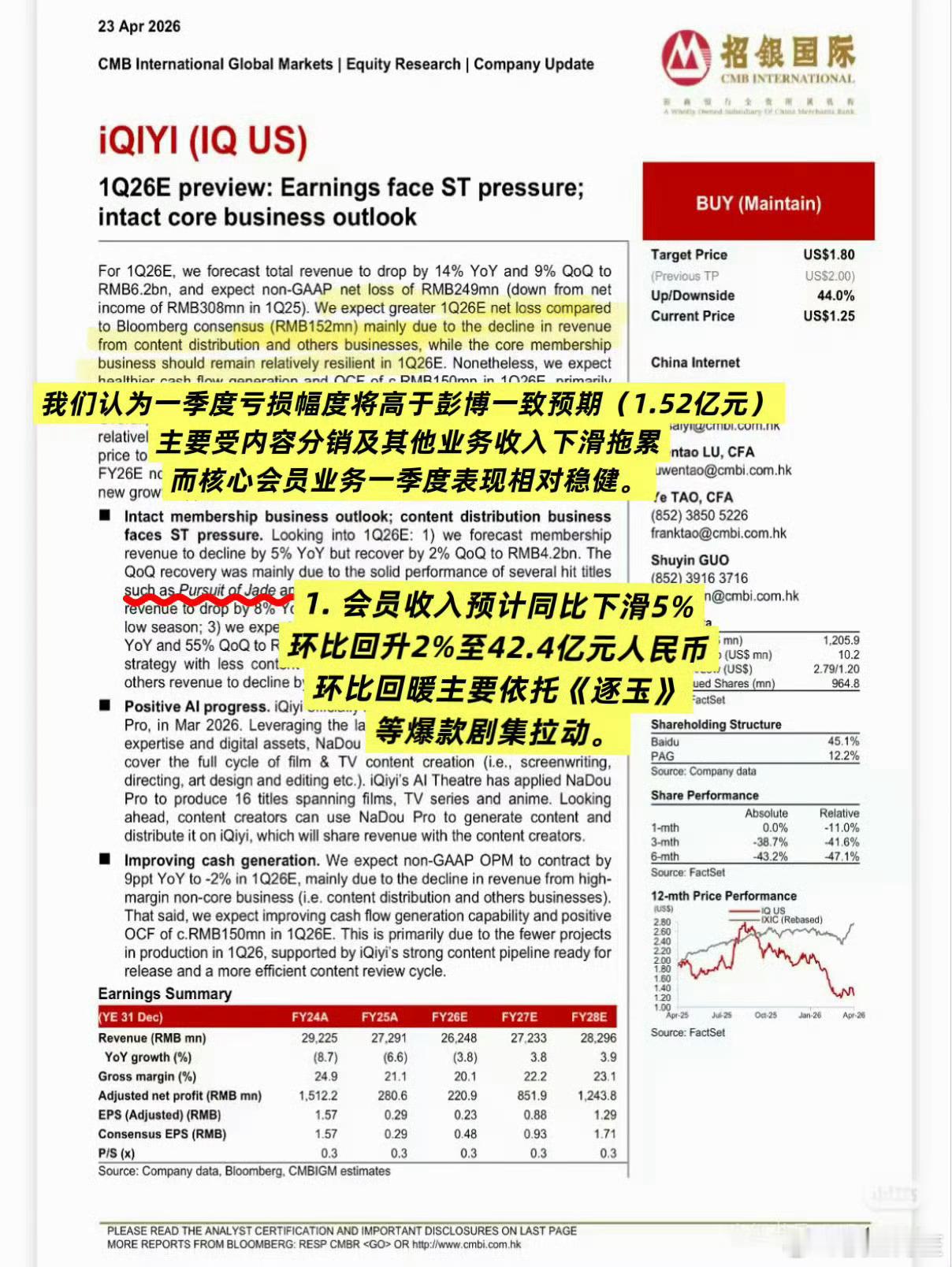 爱奇艺美股专业券商研报明确张凌赫《逐玉》大爆拉动了爱奇艺会员业务增长！ 