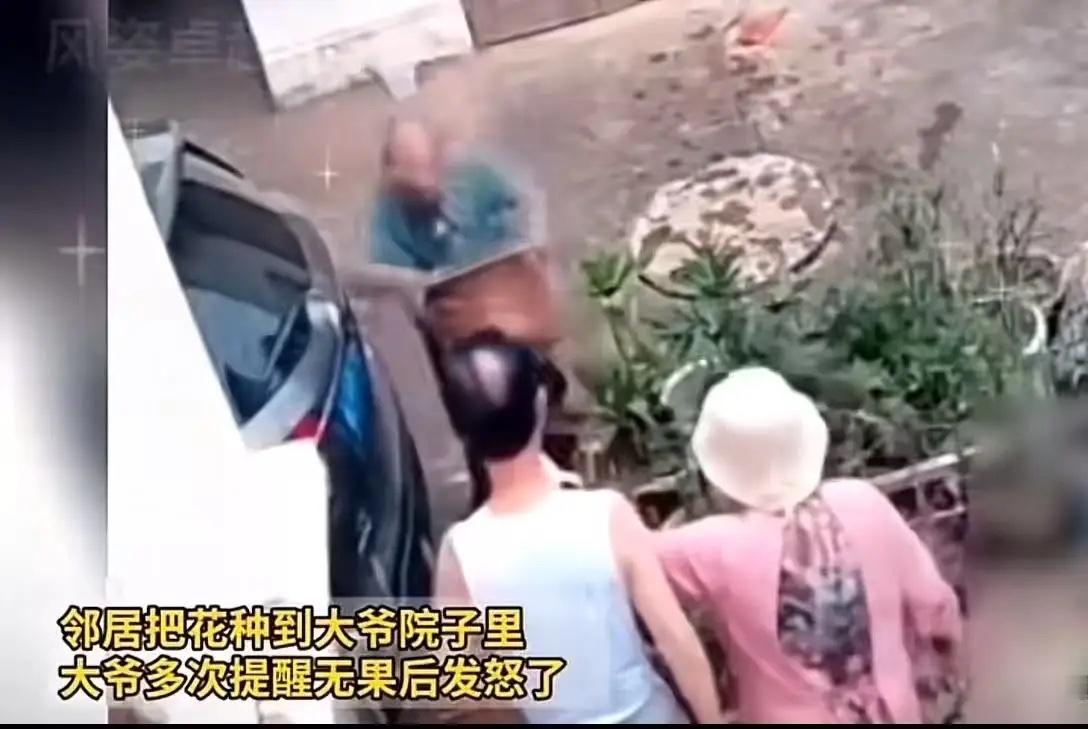 邻居把花种到大爷院子里，大爷多次提醒无果怒砸花盆，邻居反倒理直气壮指责

   