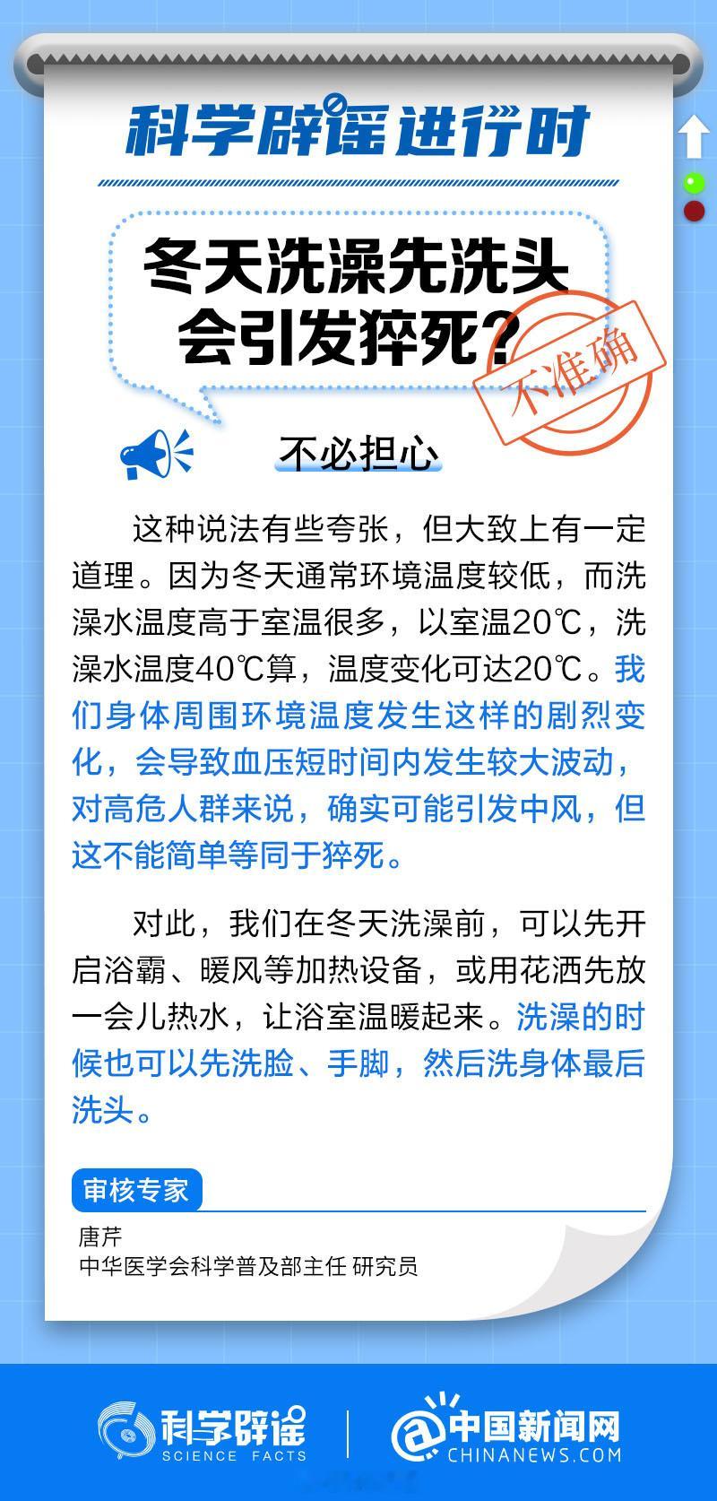 #科学辟谣进行时#【#冬天洗澡先洗头会引发猝死吗#？】因为冬天通常环境温度较低，