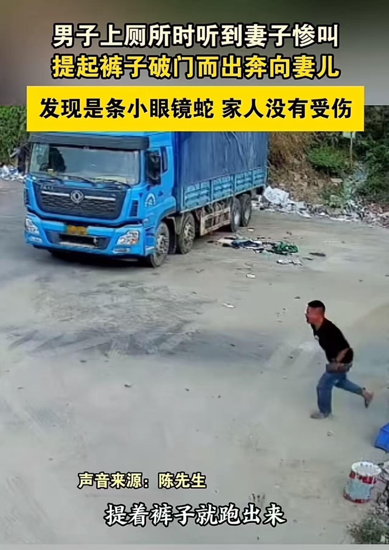 男人冲出厕所救妻 

听见喊声不管形象 

蛇竟是假警报

陈先生在厕所拉肚子时