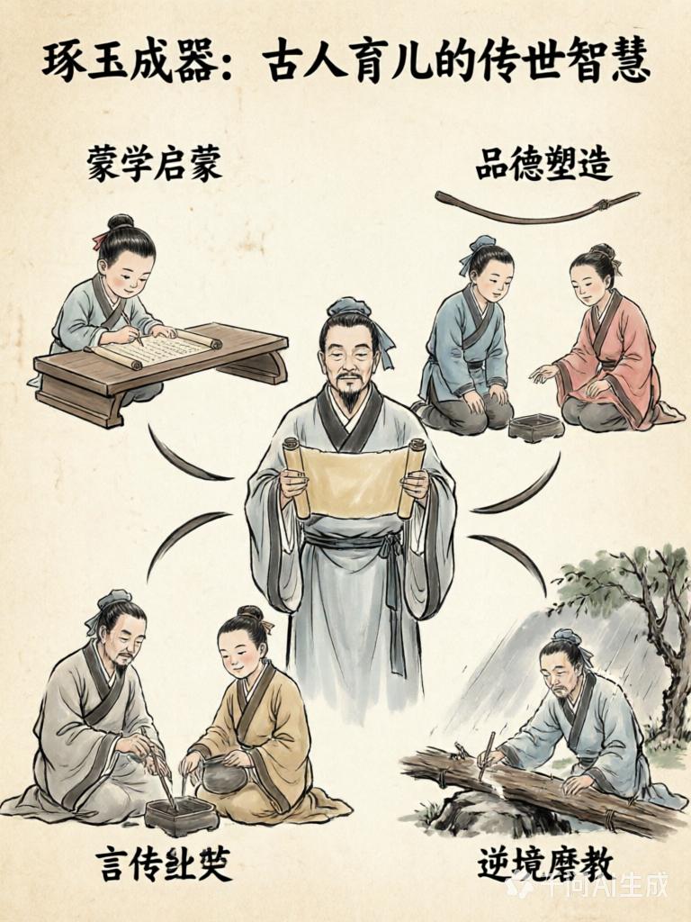 古人育儿智慧，从蒙学启蒙、品德塑造、言传身教与逆境磨砺四个维度，探讨如何培养品格