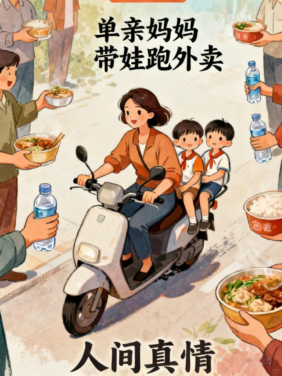 7月31日河南郑州，那个单亲妈妈带俩娃跑外卖的事儿太暖了。她跑单时收获好多陌生人
