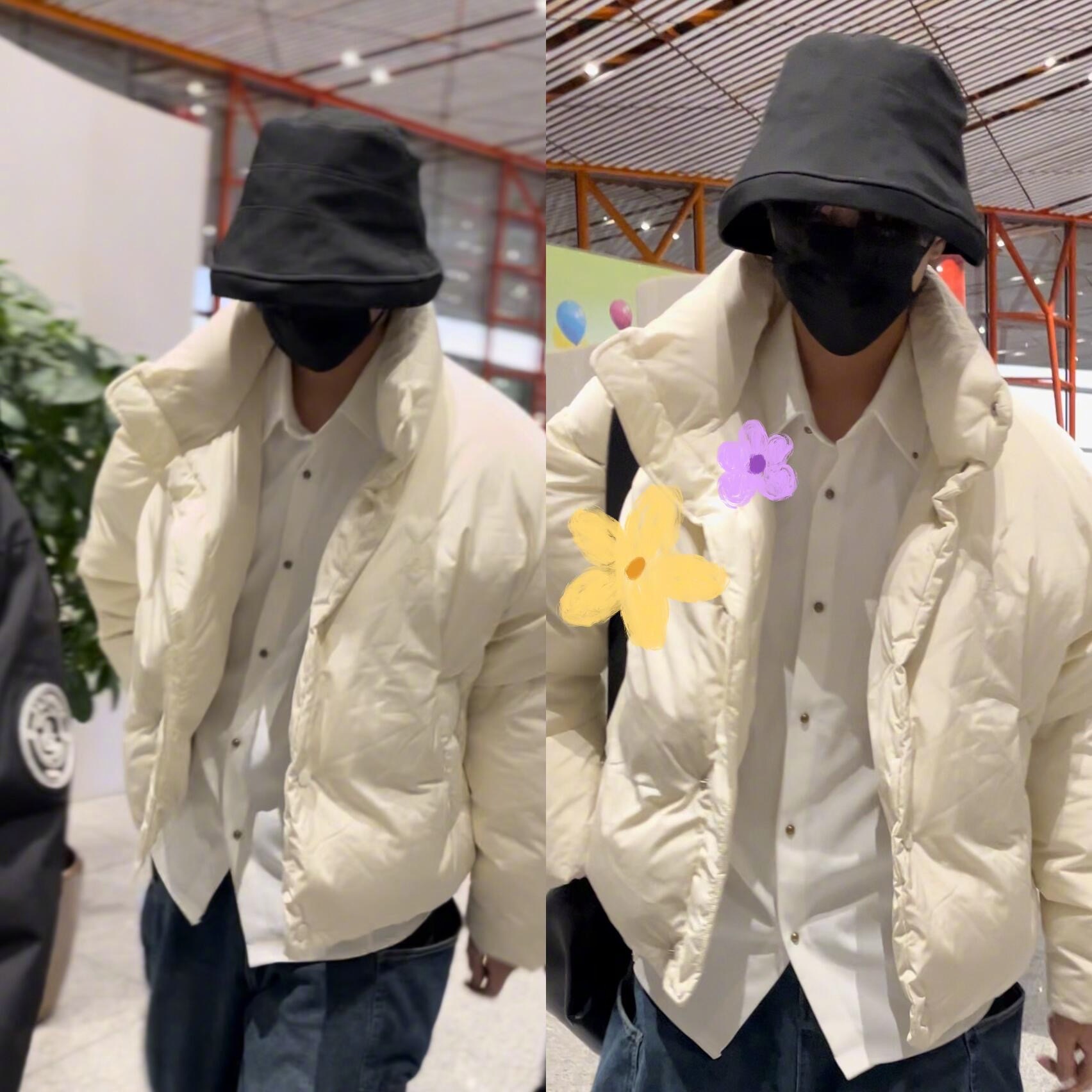 展轩北京出发路透，渔夫帽+白色羽绒服，好瘦啊，期待明天活动