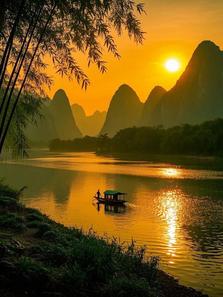  桂林漓江暮，峰岭耀金芒。舟漾碎光处，竹依水畔旁。夕照融胜境，仙画韵悠扬。难望桂