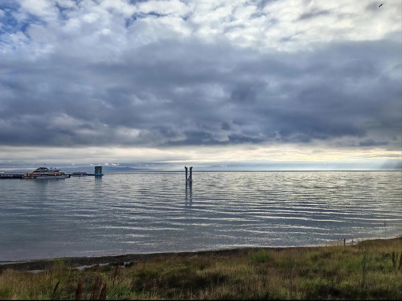 旅行随手拍 青海湖的晨色，那叫一个绝！积云重重地压在水面上，云雾弥漫开来，宛如一