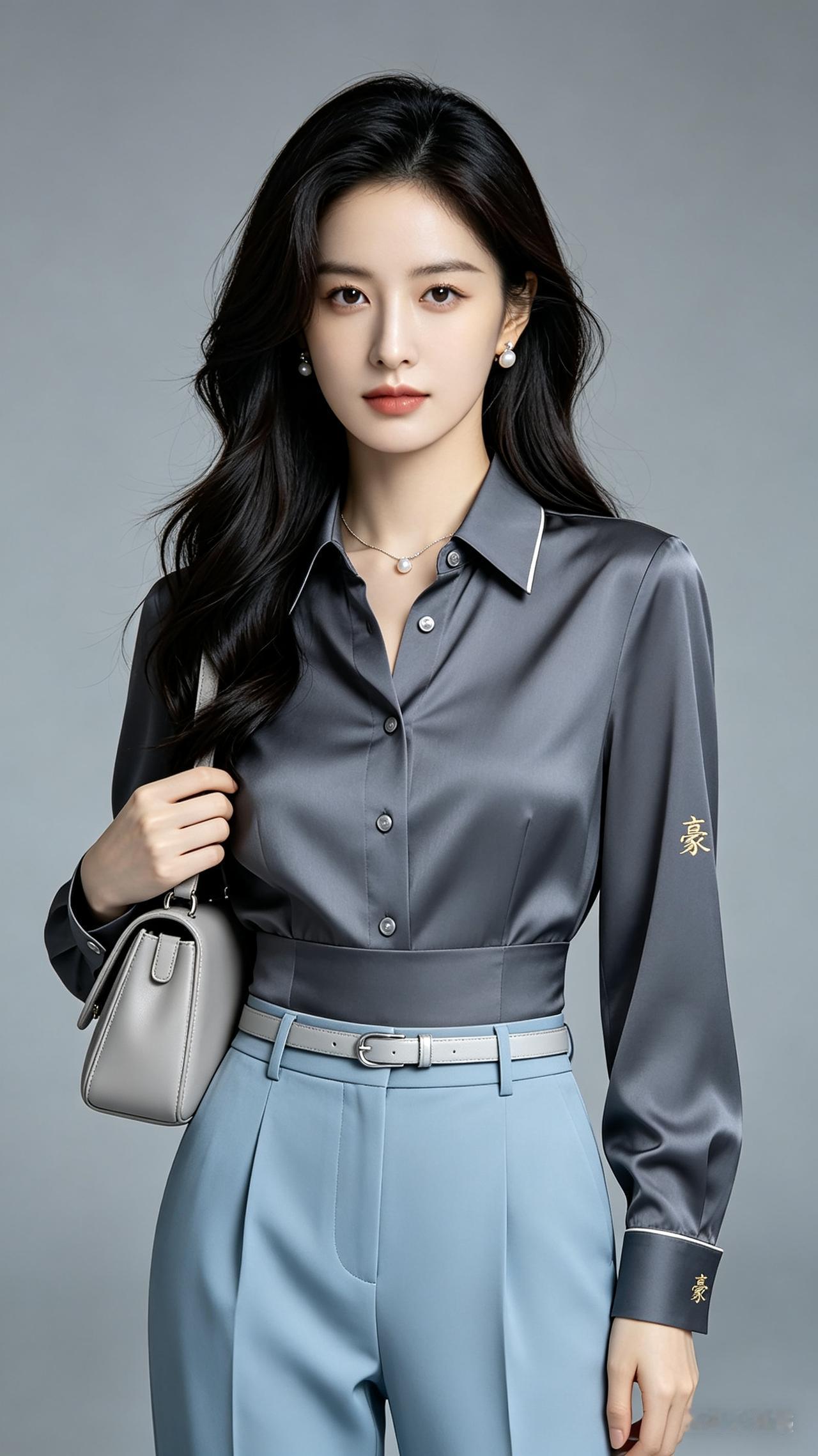 女子蝴蝶长发，冷白瓷感肌肤，灰衬衫配浅蓝烟管长裤，暗纹面料精致带刺绣配饰，极简灰