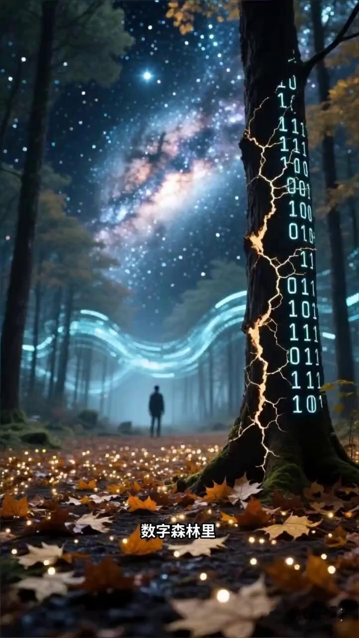 数字森林里，落叶突然变成代码，在脚下沙沙作响。他伸手触碰树干，树皮立刻裂开，露出