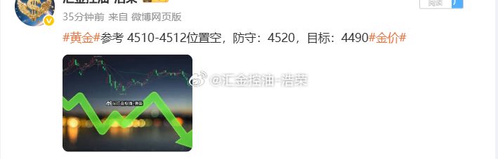 黄金4510位置空，现行情如期下跌，现报价4497位置，空单顺利浮盈130个点，