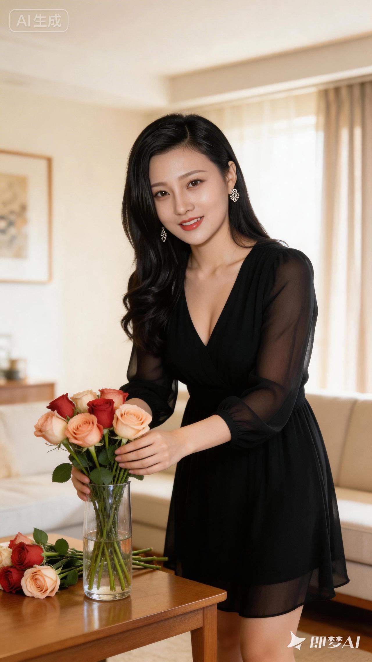 优雅黑裙，玫瑰相伴，尽显女性魅力！🌹💃