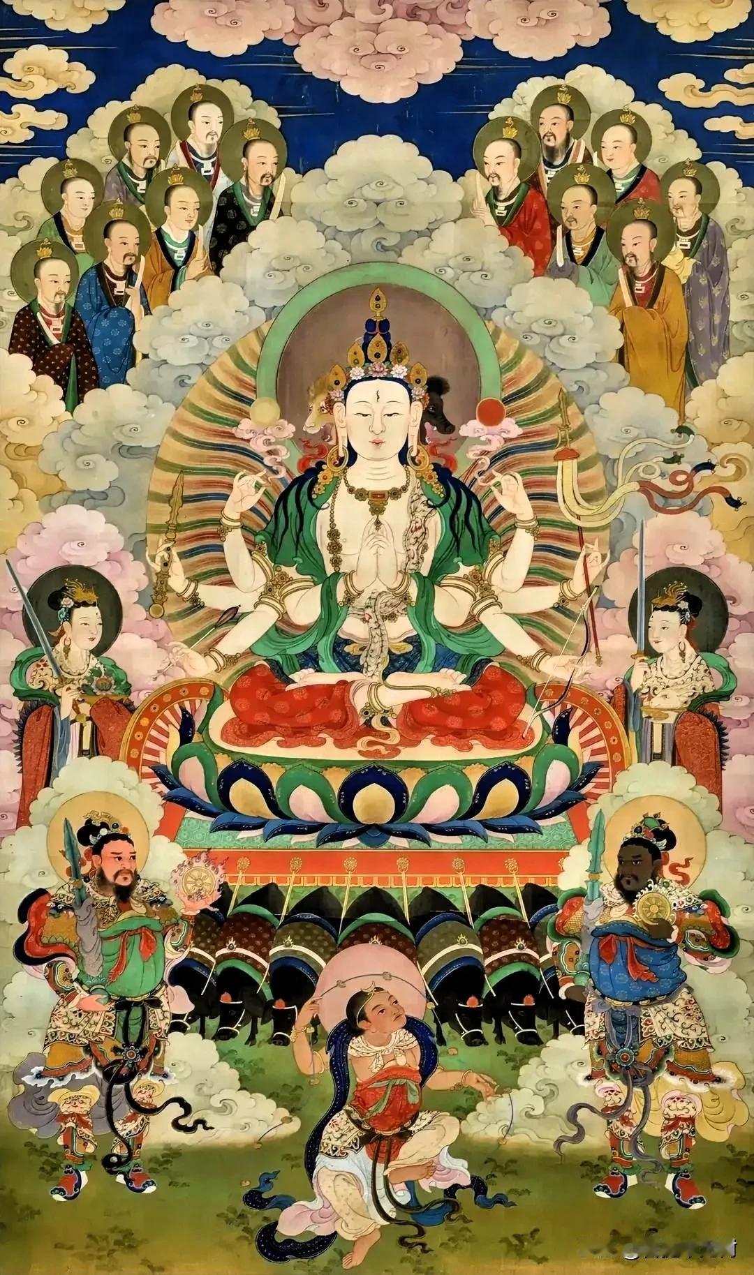 水陆画摩利支天·光明佛母
这幅水陆画主尊为摩利支天菩萨，又称光明佛母，掌管消灾避