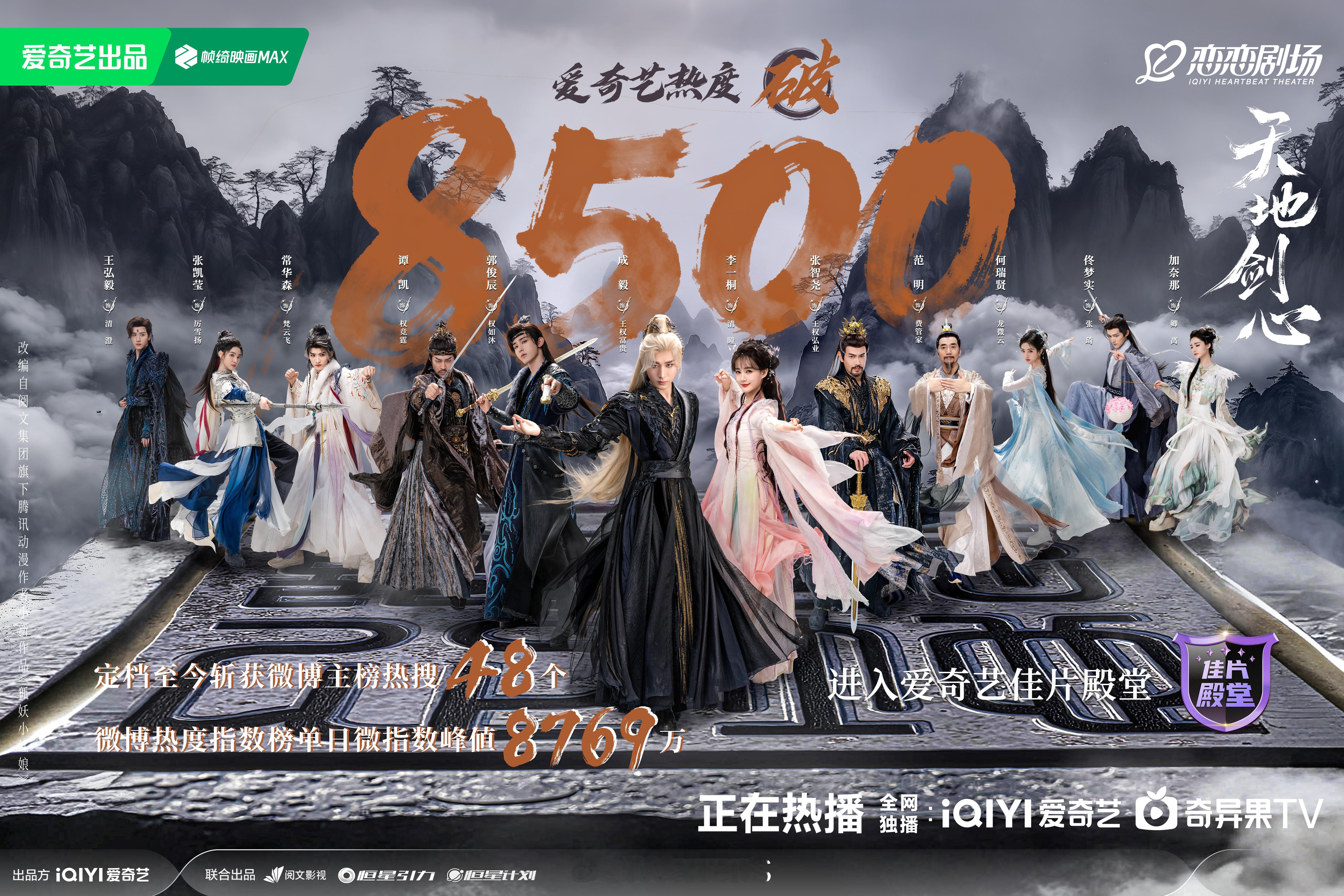 成毅天地剑心热度破8500了！该剧热度一路高涨呀！🔥天地剑心爱奇艺热度破850