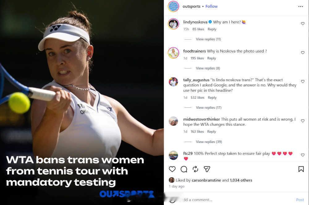 WTA在“禁止跨性别女性参加网球巡回赛，并强制进行检测”新规报道时，用的是新科温