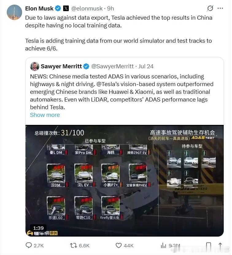 马斯克转发有关懂车帝的辅助驾驶测试视频，并说虽然特斯拉没有国内本地训练数据，但依