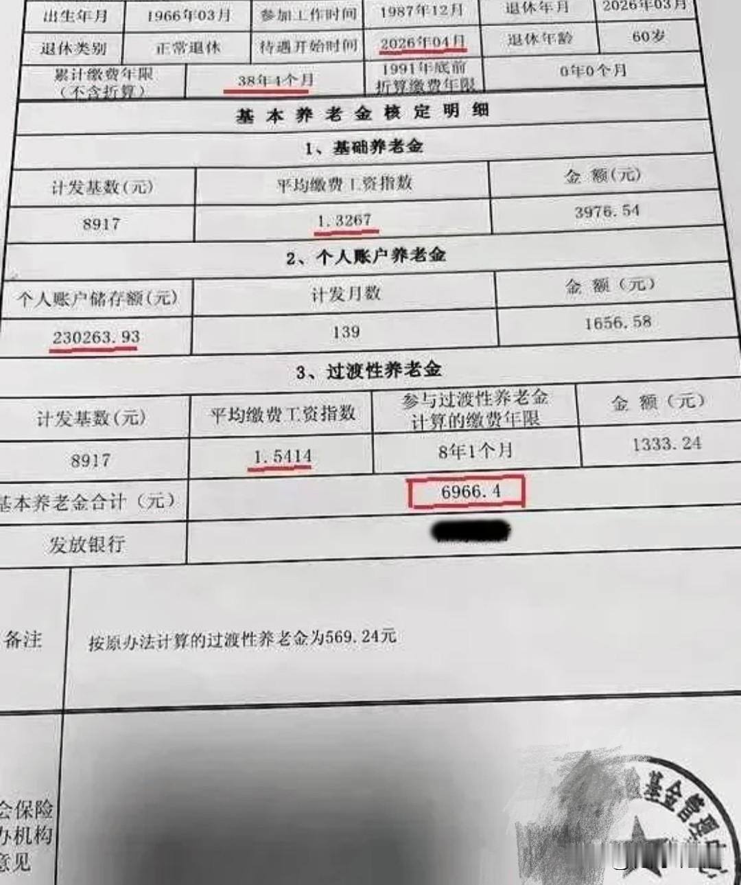 缴费38年4个月，
60岁退休领到6966.4元养老金。
 
1966年属马，今