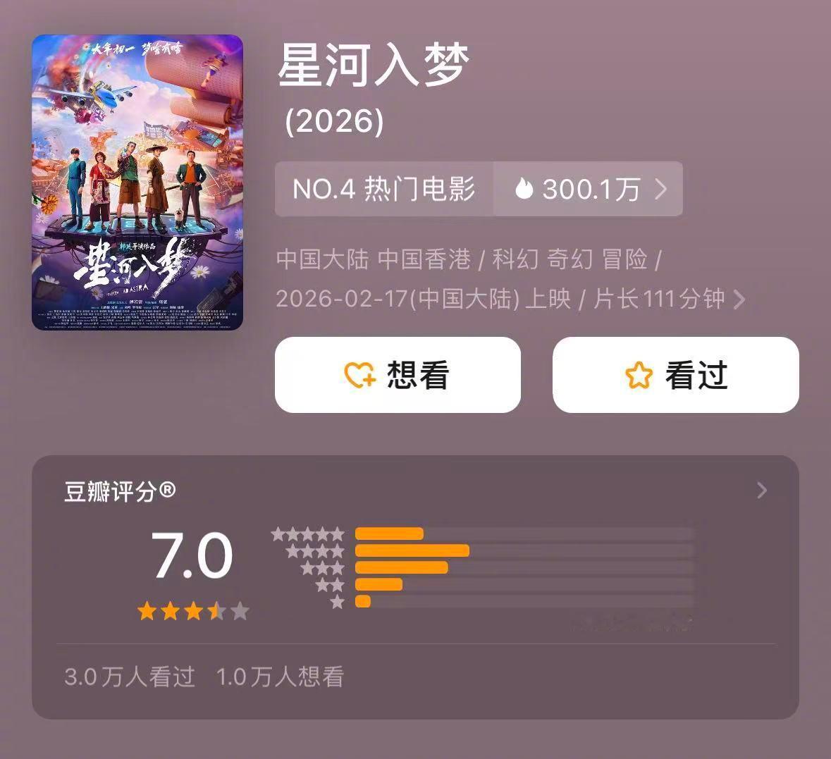 星河入梦豆瓣开分7.0春节档电影评分 电影《星河入梦》豆瓣开分7.0，截至目前影