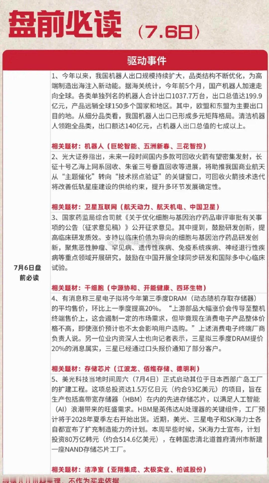 7.6周一  盘前：财经热点必读！1.机器人2.卫星互联网3.干细胞4.存储芯片