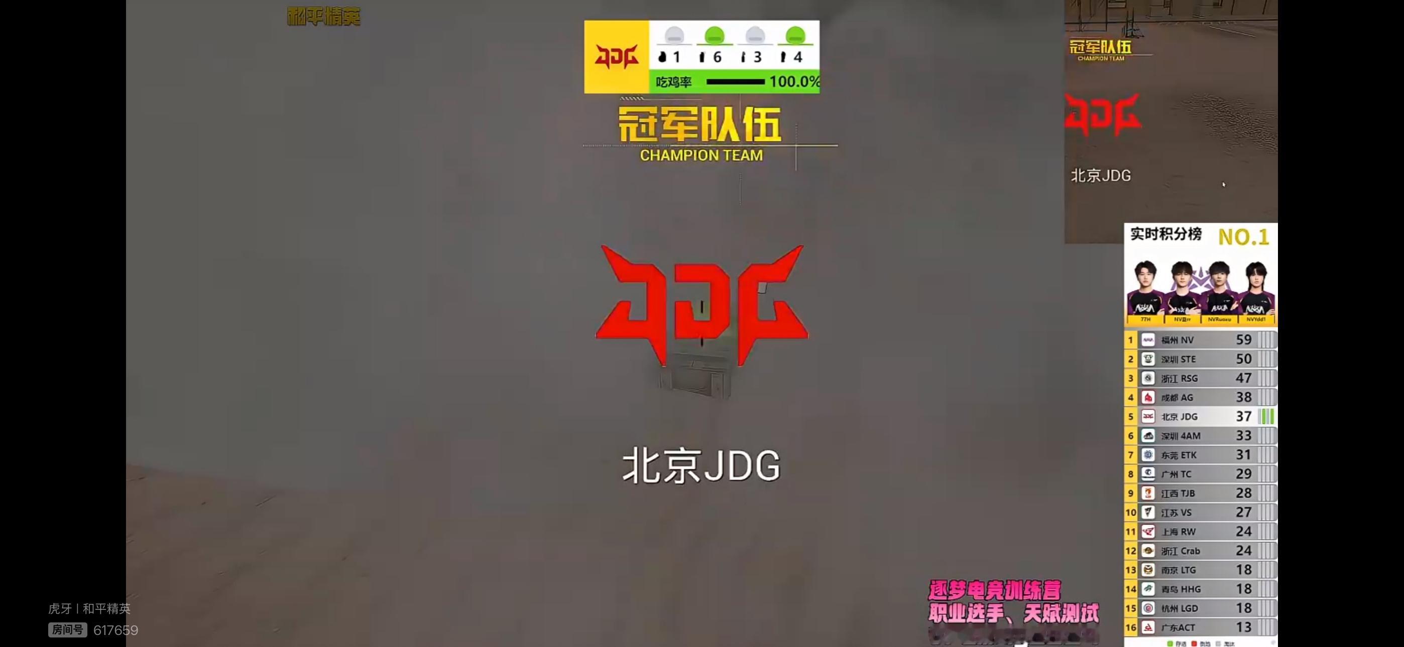 0625午间训练赛第五把，北京JDG成功吃鸡。队内JDG·Paraboy淘汰4，