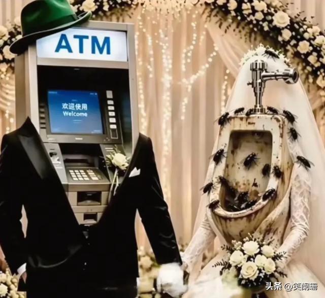 有人说这就是当代婚姻的本质
新郎是戴着绿帽子的ATM机，新娘是爬满苍蝇的旧小便池