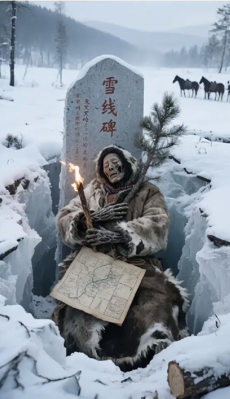 2015年漠河林场炸山时，挖出个冻在冰里的干尸。这人裹着兽皮，抱着半截火把，怀里