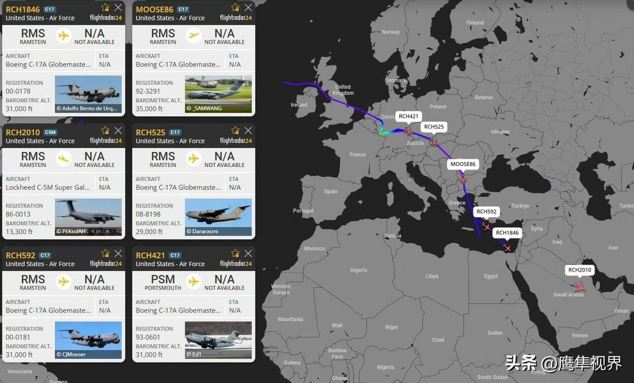 F24和ADSBex数据显示：更多美军运输机正在将可能的部队和装备部署至中东地区