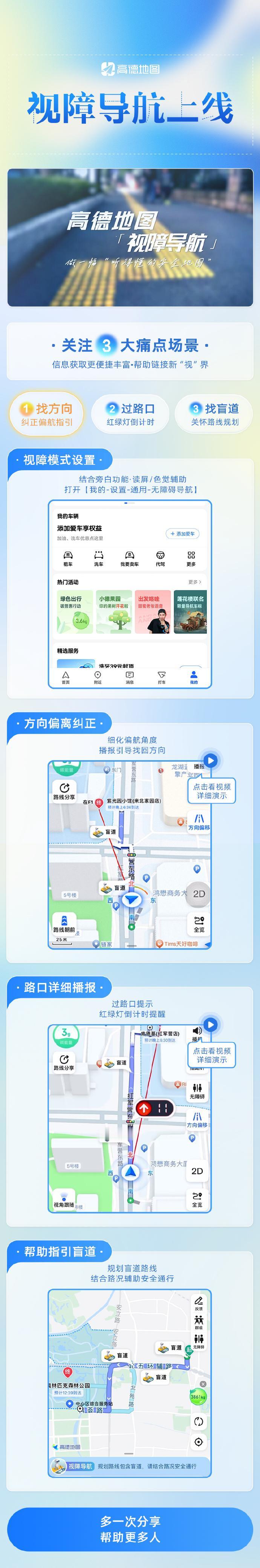 继推出轮椅导航后，高德地图又全新上线视障导航和听障信息指引，致力于用科技力量辅助