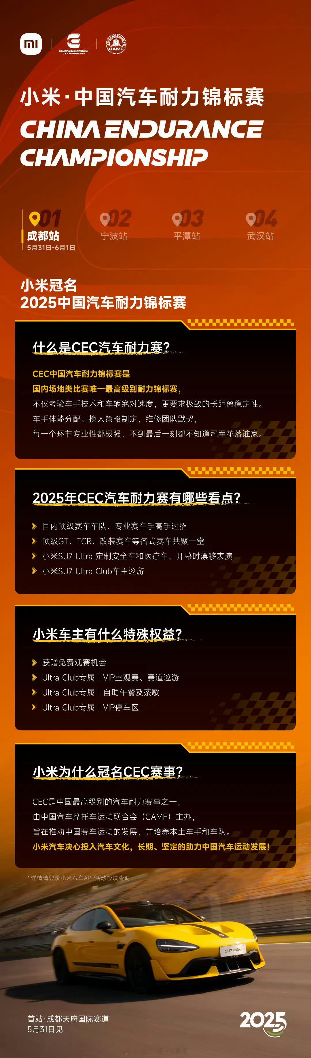发博称：小米·中国汽车耐力锦标赛-成都站 明天正式开赛。小米SU7 Ultra 